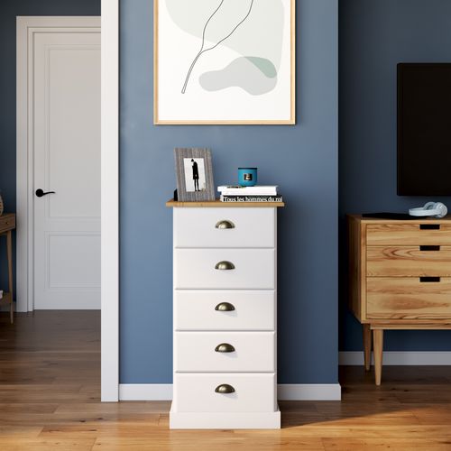 Chiffonier 5 tiroirs STANFORD blanc et pin vue d'ambiance 1