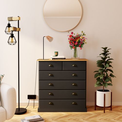 Commode 4+2 tiroirs STANFORD noir et miel vue d'ambiance 1