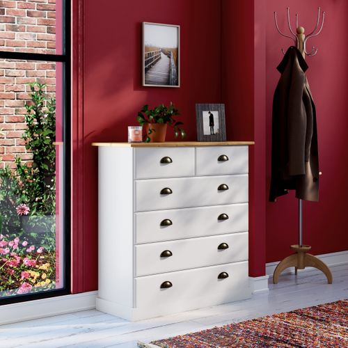 Commode 4+2 tiroirs STANFORD blanc et miel vue d'ambiance 1