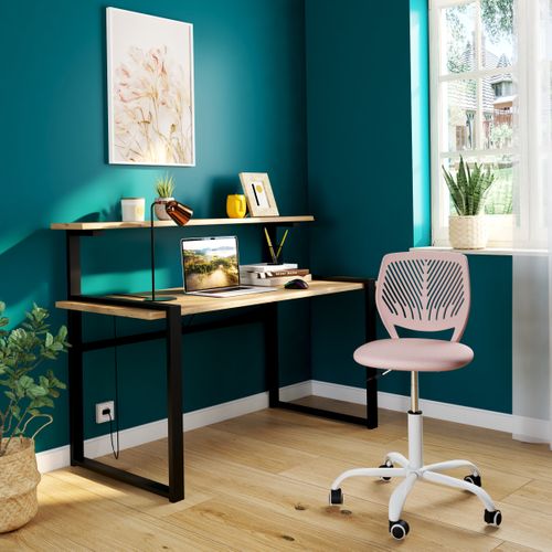 Bureau avec réhausse LARRY imitation chêne et noir vue d'ambiance 1