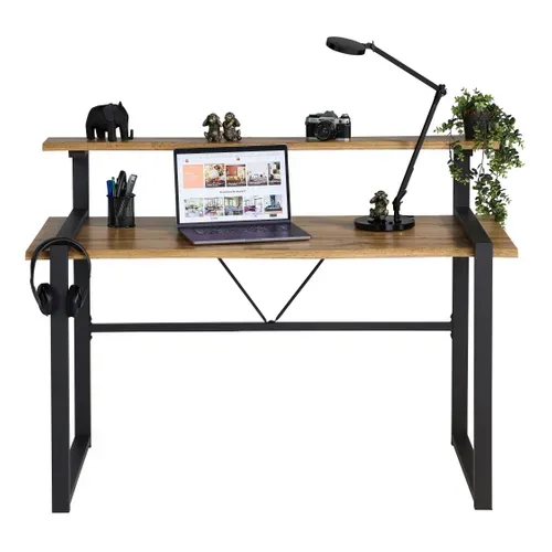 Bureau avec réhausse LARRY imitation chêne et noir