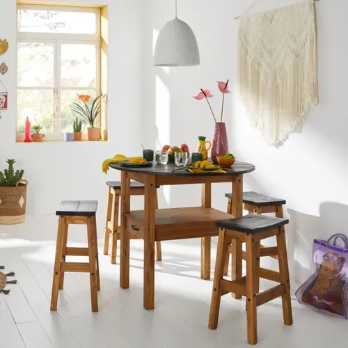 Table + 4 tabourets de bar JANE 2  bois massif/ noir vue d'ambiance 1