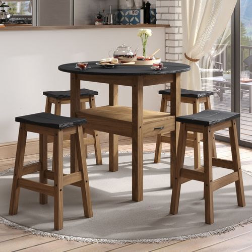 Table + 4 tabourets de bar JANE 2 bois massif/ noir