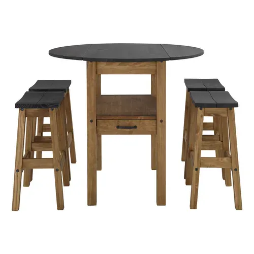 Table + 4 tabourets de bar JANE 2  bois massif/ noir vue de face
