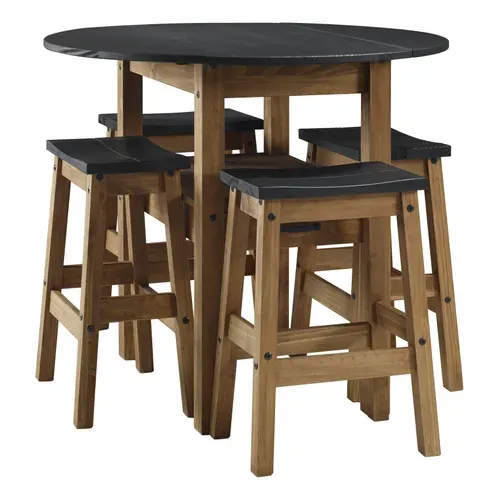 Table + 4 tabourets de bar JANE 2  bois massif/ noir