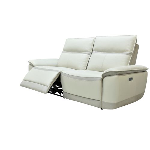 Canapé 3 places relax électrique DOUGLAS cuir givre et tissu gris sable vue de profil