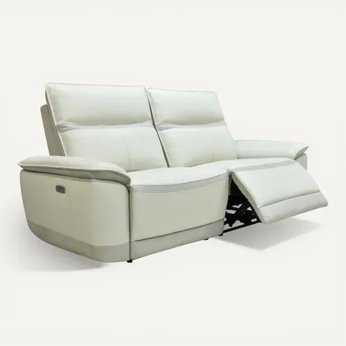 Canapé 3 places relax électrique DOUGLAS cuir givre et tissu gris sable vue 3/4