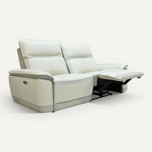 Canapé 3 places relax électrique DOUGLAS cuir givre et tissu gris sable