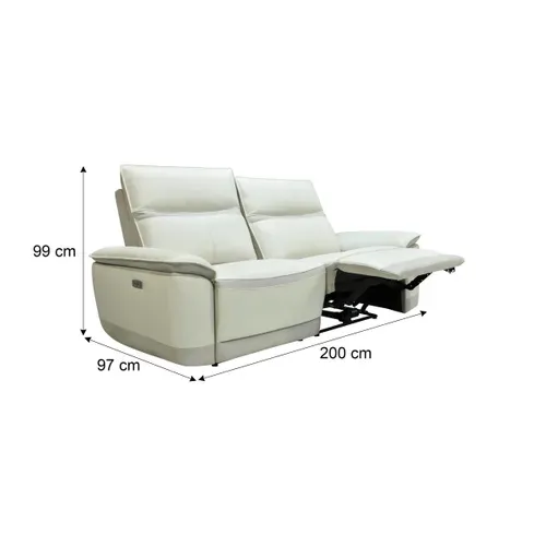 Canapé 3 places relax électrique DOUGLAS cuir givre et tissu gris sable