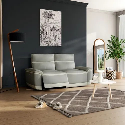 Canapé 3 places relax électrique DOUGLAS cuir et tissu taupe et gris