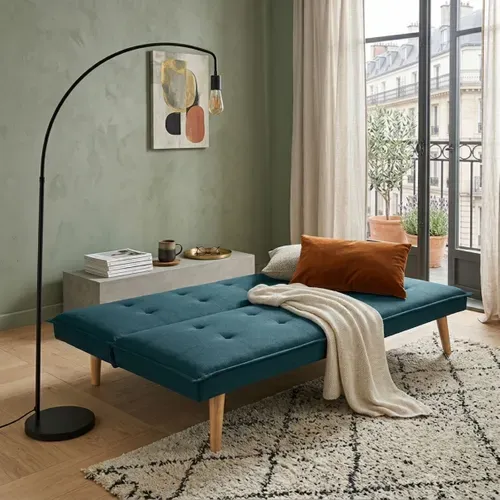 Banquette-lit clic-clac LILLO 3 places en tissu bleu - couchage rapide vue d'ambiance 1