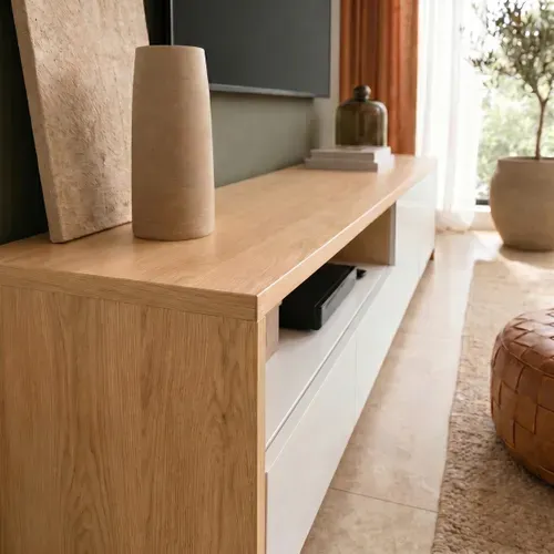 Meuble TV L. 190 cm ESSENTIAL Imitation chêne et blanc