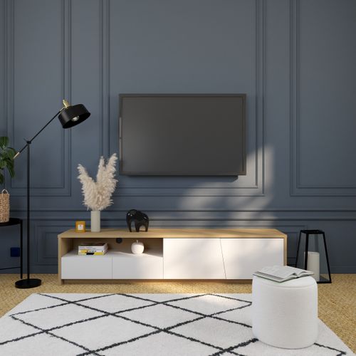 Meuble TV L. 190 cm ESSENTIAL Imitation chêne et blanc
