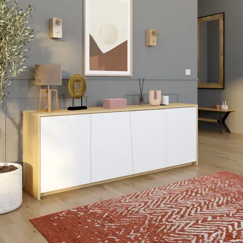 Buffet 4 portes ESSENTIAL Imitation chêne et blanc vue d'ambiance 1