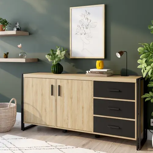 Buffet 2 portes PARKER imitation chêne et noir vue d'ambiance 1