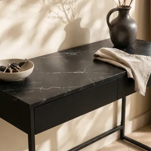 Console 2 tiroirs MINA imitation marbre noir et acier