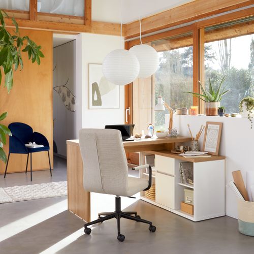 Bureau d'angle avec rangement MYSEN imitation chêne et blanc