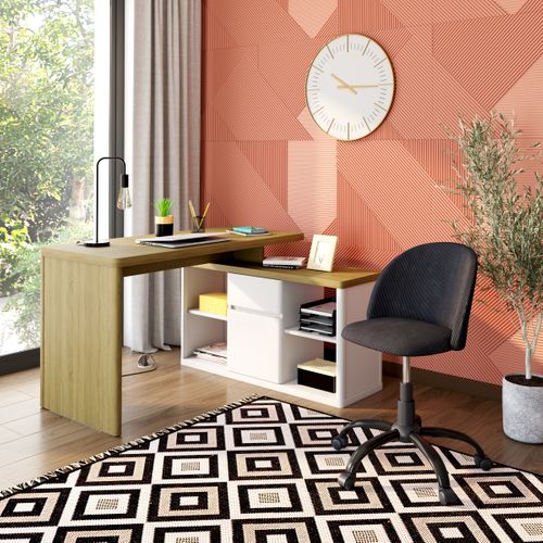 Bureau d'angle avec rangement MYSEN imitation chêne et blanc