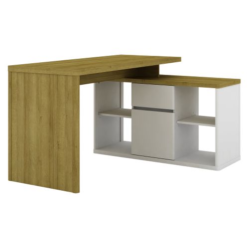 Bureau d'angle avec rangement MYSEN imitation chêne et blanc