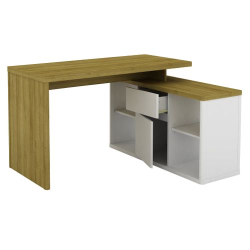 Bureau d'angle avec rangement MYSEN imitation chêne et blanc