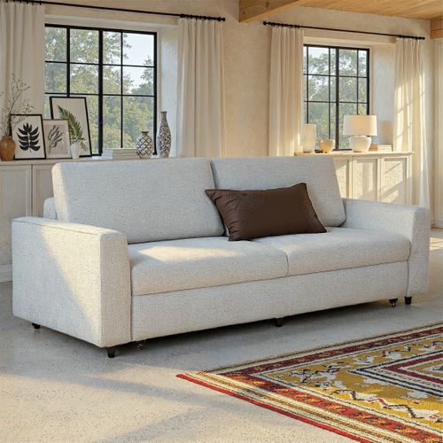 Canapé convertible 3 places MANOU tissu beige vue d'ambiance 1