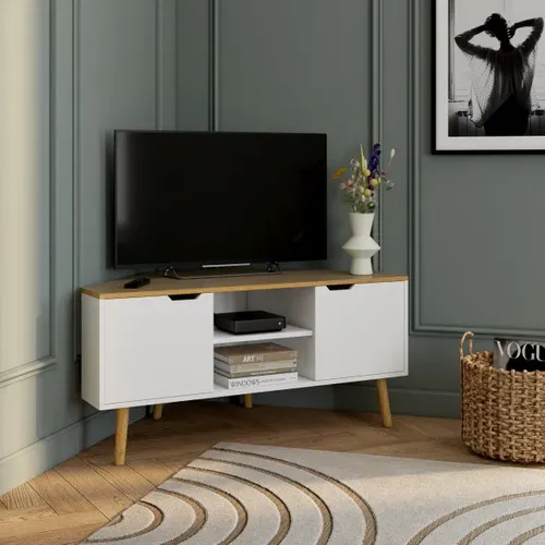 Meuble TV D'angle CORNY imitation chêne et blanc vue d'ambiance 1