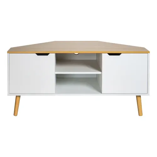 Meuble TV D'angle CORNY imitation chêne et blanc vue de face