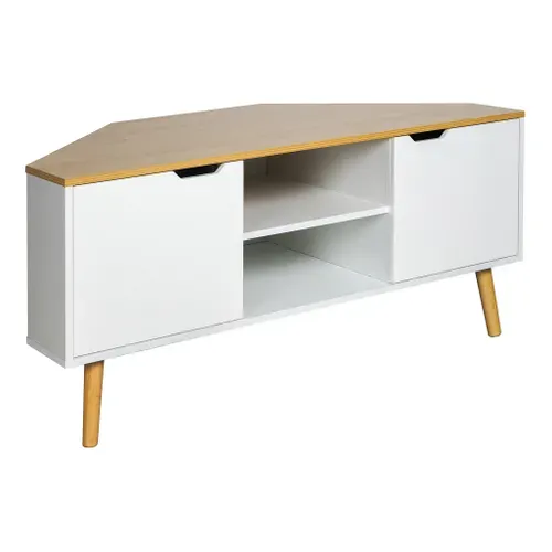 Meuble TV D'angle CORNY imitation chêne et blanc vue 3/4