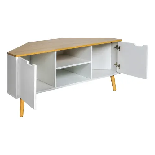 Meuble TV D'angle CORNY imitation chêne et blanc