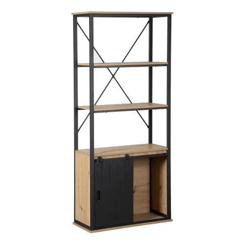 Bibliothéque 1 porte NASH imitation chêne et noir vue 3/4