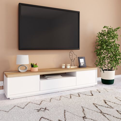 Meuble TV MYSEN imitation chêne et blanc vue d'ambiance 1