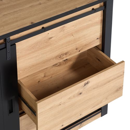 Commode 1 porte 3 tiroirs NASH imitation chêne et Noir