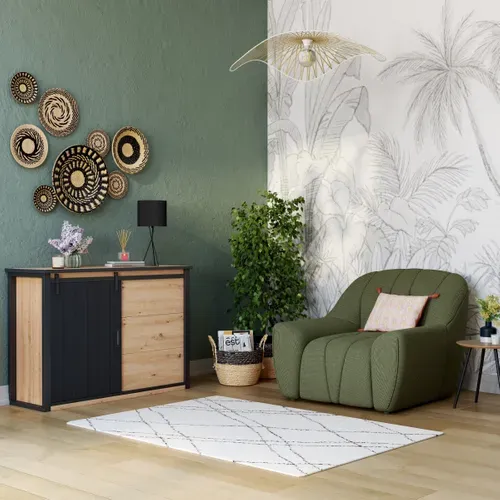Commode 1 porte 3 tiroirs NASH imitation chêne et Noir vue d'ambiance 1