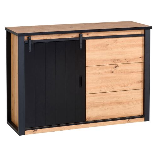 Commode 1 porte 3 tiroirs NASH imitation chêne et Noir