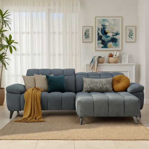 Canapé d'angle méridienne LUCY relax droite tissu bleu gris vue d'ambiance 1