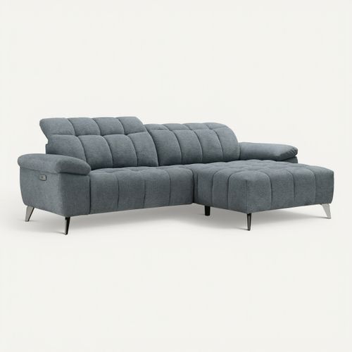 Canapé d'angle méridienne LUCY relax droite tissu bleu gris vue 3/4