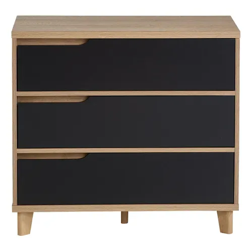 Commode 3 tiroirs Nordic imitation chêne et noir vue de face