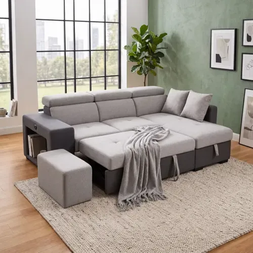 Canapé d'angle convertible droit RICKY tissu gris foncé et gris clair