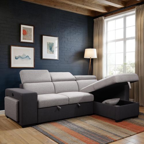 Canapé d'angle convertible droit RICKY tissu gris foncé et gris clair