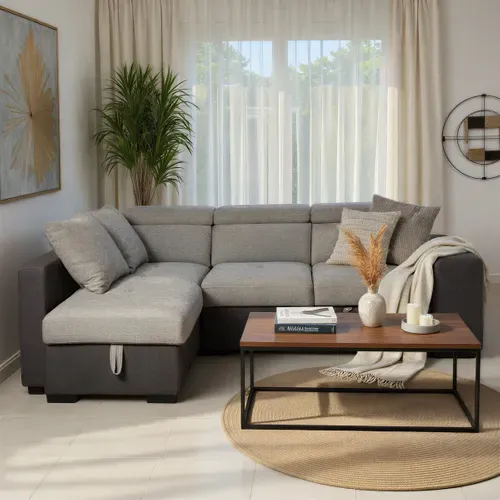 Canapé d'angle convertible gauche RICKY tissu gris foncé et gris clair