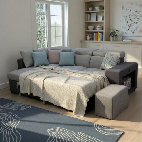 Canapé d'angle convertible gauche RICKY tissu gris foncé et gris clair