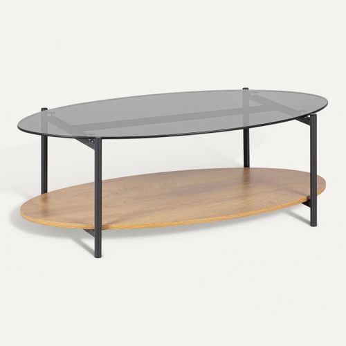 Table basse ovale EVA Imitation chêne vue 3/4