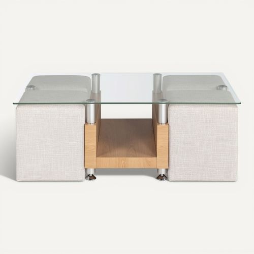Table basse avec 4 poufs VECTRA Imitation chêne vue de face