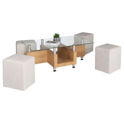 Table basse avec 4 poufs VECTRA Imitation chêne