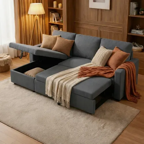 Canapé d'angle convertible méridienne réversible TYRA tissu gris