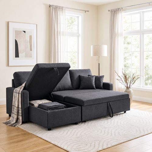 Canapé d'angle convertible méridienne réversible TYRA tissu gris - coffre rangement