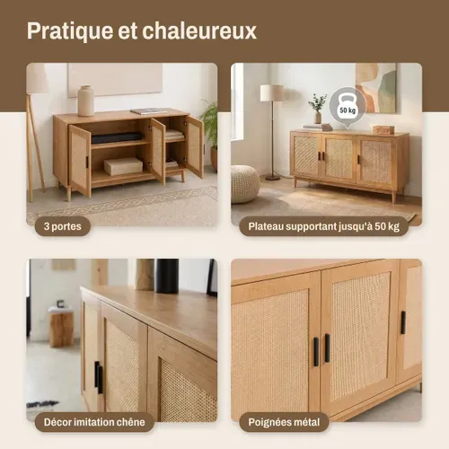 Buffet 3 portes MANELLA 133 cm imitation chêne vue accessoires