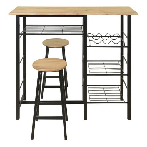 Table de bar avec 2 tabourets DETROIT imitation chêne et noir vue de face