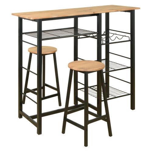 Table de bar avec 2 tabourets DETROIT imitation chêne et noir vue 3/4