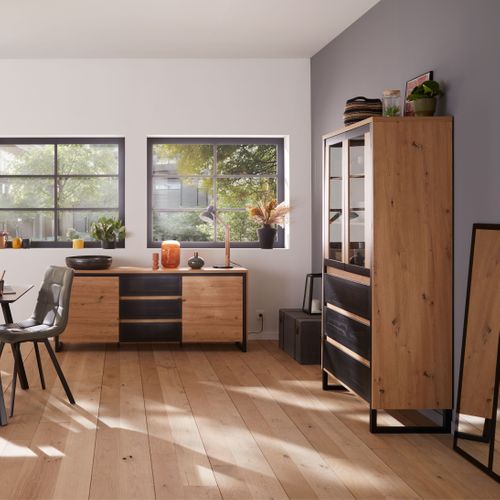 Vitrine 2 portes 3 tiroirs BOSTON Imitation chêne et noir